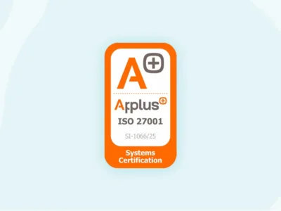 Certificado ISO 27001:2022 de segurança da informação com os logotipos da Applus e Systems Certification; destaca a letra A.