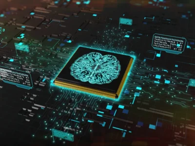 Design tecnológico com cérebro no centro, cercado de circuitos e luzes, simbolizando IA na reabilitação cognitiva.