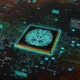 Design tecnológico com cérebro no centro, cercado de circuitos e luzes, simbolizando IA na reabilitação cognitiva.