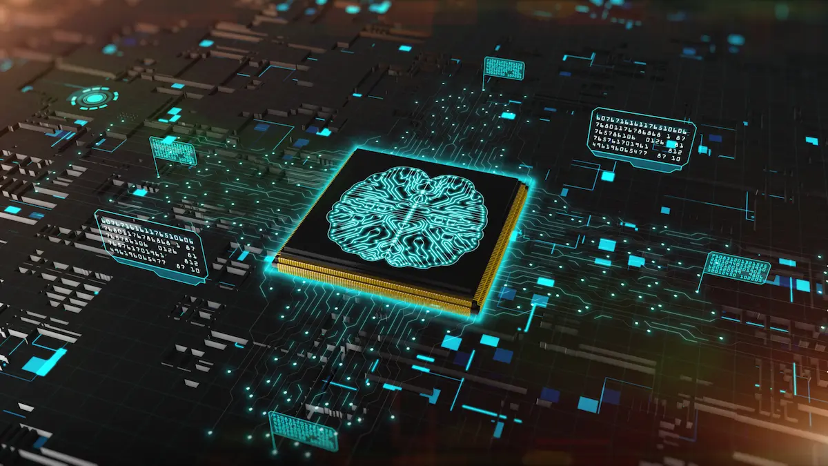 Design tecnológico com cérebro no centro, cercado por circuitos e luzes, simbolizando IA na reabilitação cognitiva.