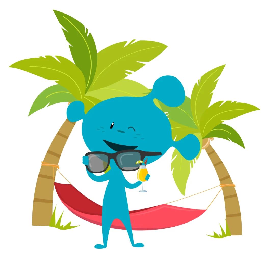 Personagem azul em forma de gota com óculos de sol segurando um coquetel; fundo tropical com duas palmeiras e uma rede vermelha.