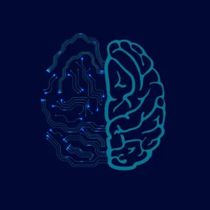 Ilustração de cérebro dividido: à esquerda com circuitos e luzes, à direita com estrutura cerebral; fundo escuro em tons de azul.
