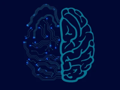 Ilustração de cérebro dividido: esquerda com circuitos e luzes, direita com estrutura cerebral; fundo escuro em tons de azul.