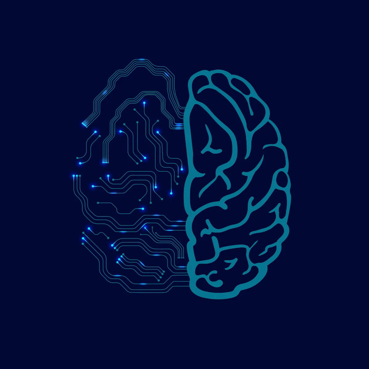 Ilustração de cérebro dividido: à esquerda com circuitos e luzes, à direita com estrutura cerebral; fundo escuro em tons de azul.