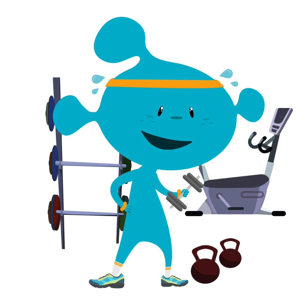 Personagem azul sorridente com toalha na cabeça, em uma academia rodeado de pesos, aparelho de exercícios e kettlebells.