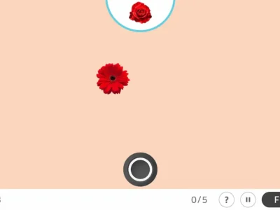 Interface do jogo de inibição para adultos no NeuronUP: flores vermelhas (rosa e gerbera) no centro e um botão Finalizar na parte inferior.