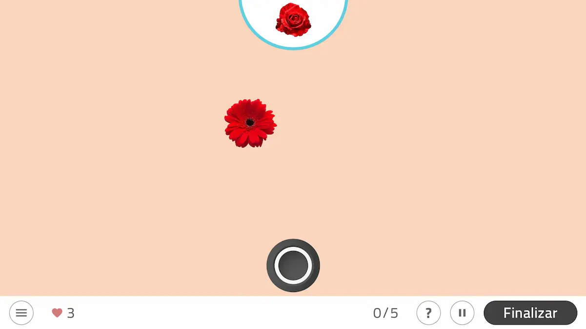Interface do jogo de inibição para adultos no NeuronUP: flores vermelhas (rosa e gerbera) no centro e um botão Finalizar na parte inferior.