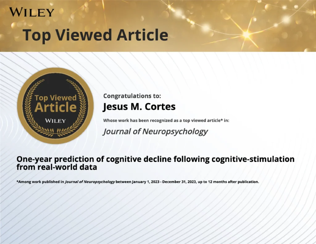 Captura de tela de um artigo da Wiley com Jesús Cortés e o estudo da NeuronUP sobre previsão do declínio cognitivo.