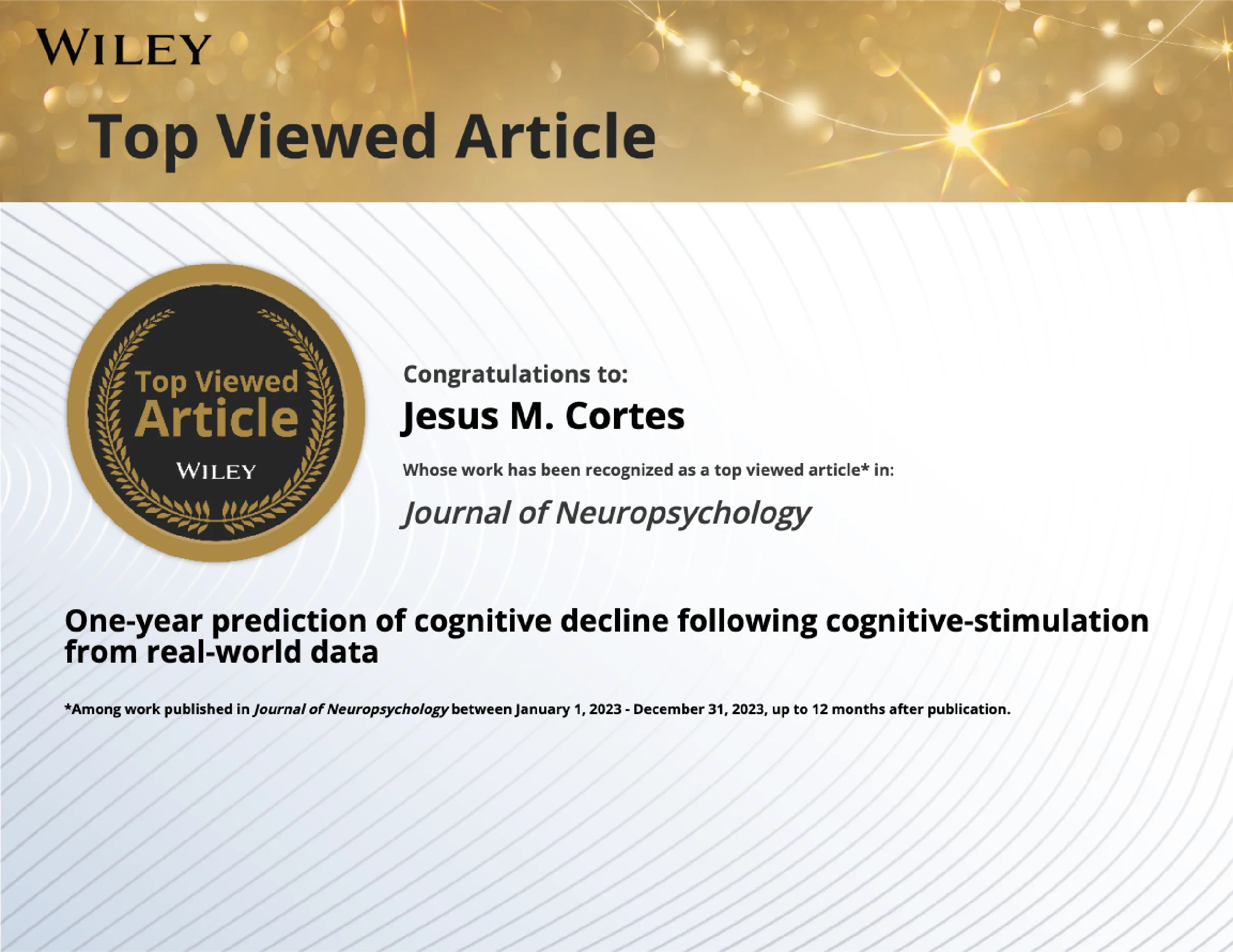 Captura de tela de um artigo da Wiley com Jesús Cortés e o estudo da NeuronUP sobre previsão do deterioro cognitivo.