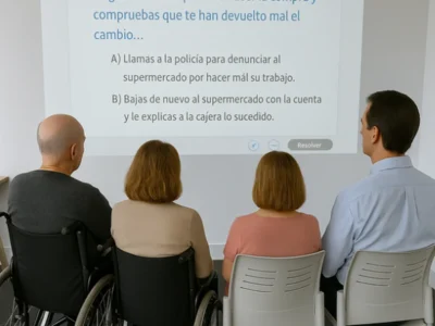 Grupo de quatro usuários em uma unidade diurna, sentados de costas, em frente a uma diapositiva; parece uma sessão em grupo.