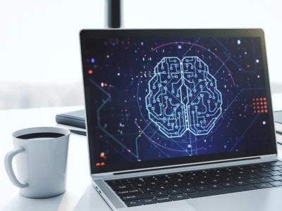 O laptop aberto mostra um cérebro de design gráfico feito com circuitos; ao lado, uma xícara, livros e luz natural.