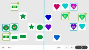 Conjunto de formas roxas sobre fundo cinza, com quadrados verdes de seleção e um botão Finalizar; jogo cognitivo.