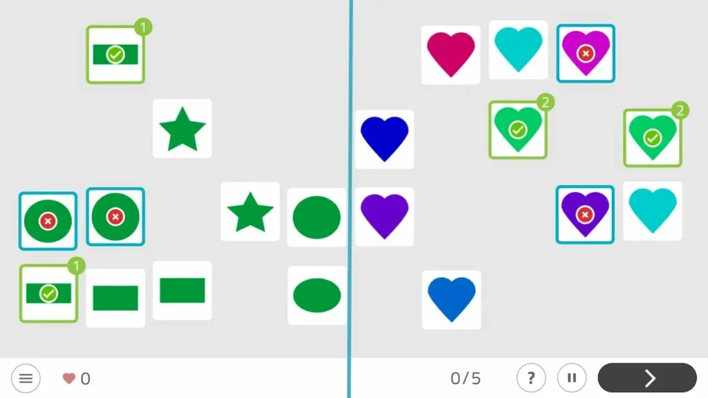 Cuadrícula de atención selectiva para adultos: par verde de círculos y cuadrado a la izquierda, y formas multicolor con signos de selección a la derecha.
