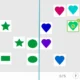 Grade de atenção seletiva para adultos: par verde de círculos e um quadrado à esquerda, e formas multicoloridas com sinais de seleção à direita.