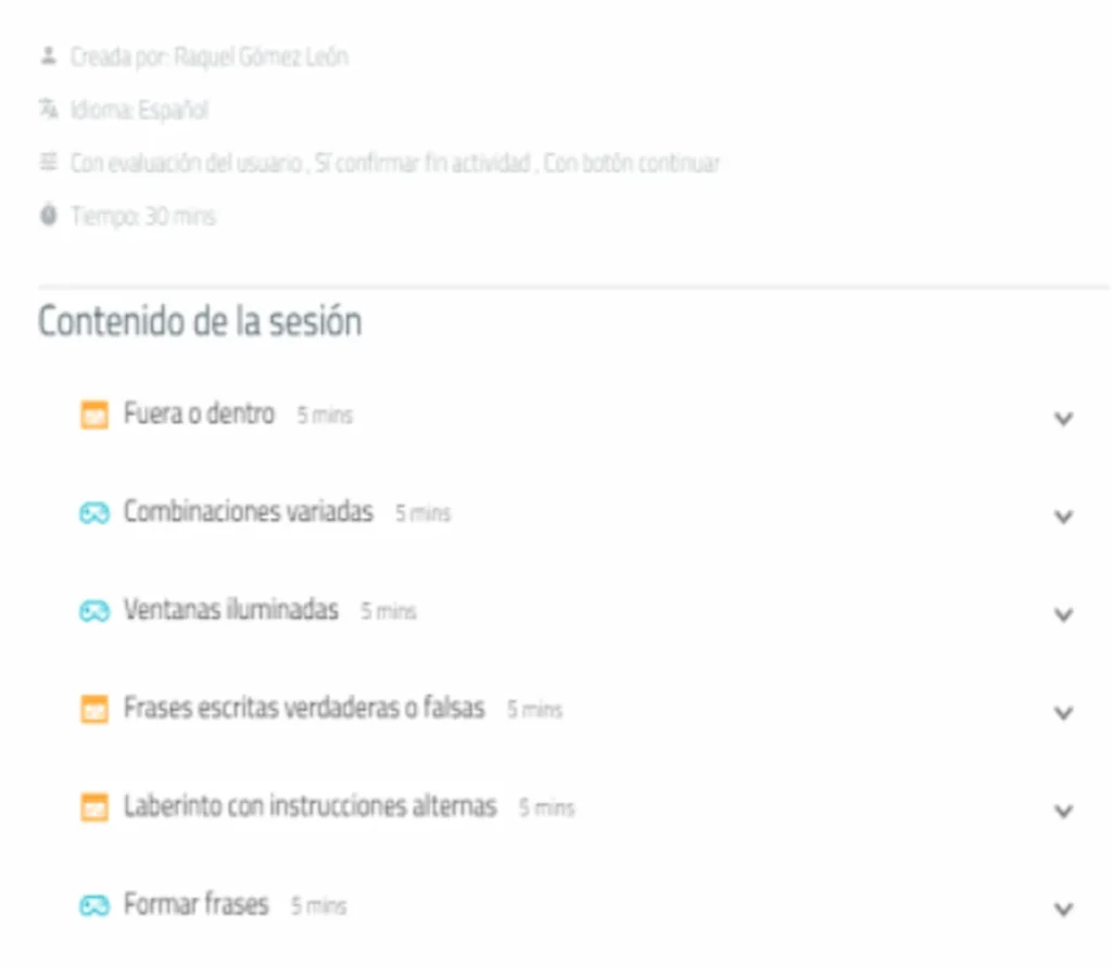 Interface da segunda sessão do NeuronUP em Abriendo Puertas: lista de conteúdos da sessão e duração de 30 minutos.