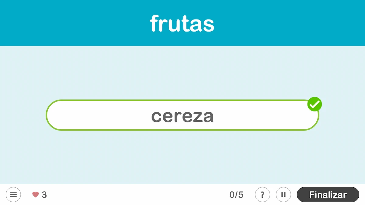 Interface do NeuronUP para a categoria relâmpago 'frutas': título, campo com 'cereja' verificada e 0/5; botão Finalizar.