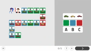 Captura de tela de sessão de estimulação cognitiva com cartões com as letras A, B e C e o botão Finalizar.
