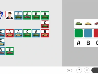 Captura de tela de sessão de estimulação cognitiva com cartões contendo as letras A, B e C e o botão Finalizar.