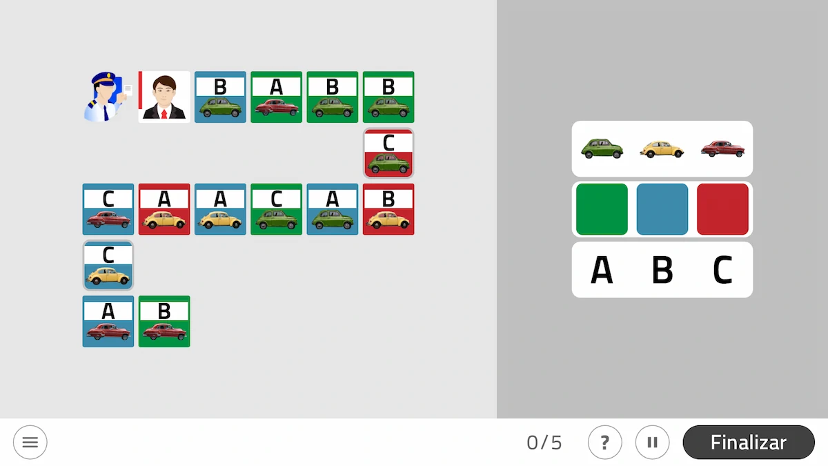 Captura de tela de sessão de estimulação cognitiva com cartões contendo as letras A, B e C e o botão Finalizar.