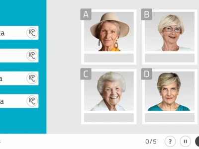 Seis retratos de homens idosos, com as letras A–F e nomes à esquerda, para treinar memória episódica no NeuronUP.