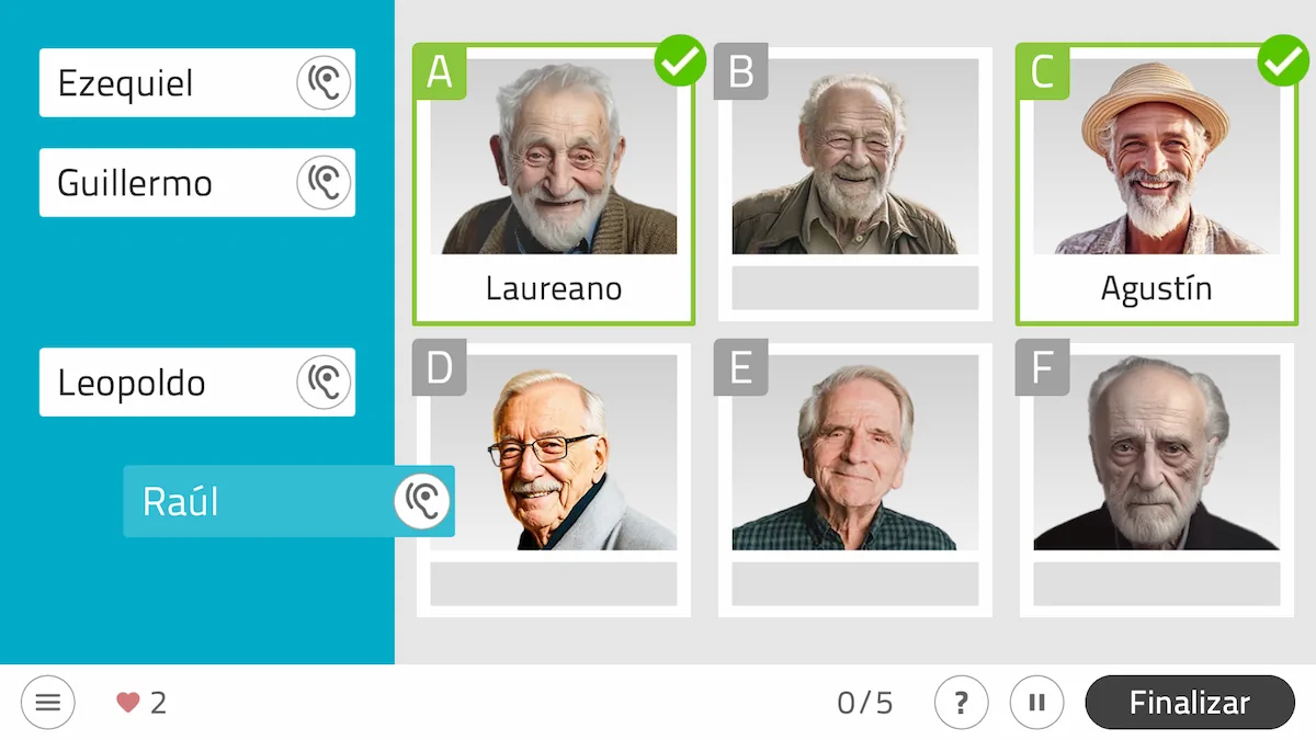 Seis retratos de homens idosos, com as letras A–F e nomes à esquerda, para treinar memória episódica no NeuronUP.