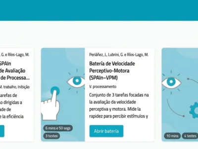Interface de avaliação do NeuronUP Assessment, com a seção Avaliação e baterias como General SPAIn, SPAI VPM e Memória Operativa, além de anúncio.