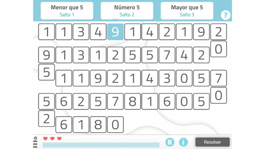 Grade numérica com caixas marcadas para classificação: Menor que 5, Número 5 e Maior que 5; inclui resolver e progresso.