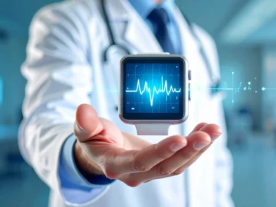 Paciente idoso e profissional avaliam gráficos de VFC durante biofeedback, em um ambiente clínico com um relógio.