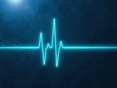 Gráfico de ECG azul sobre fundo escuro com hexágonos, ilustrando a VFC e sua relação com o declínio cognitivo em um ambiente tecnológico.