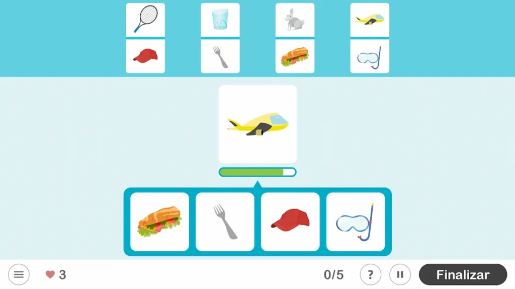 Interface do NeuronUP com ícones como raquete, copo, garfo, prato, óculos de mergulho e touca; helicóptero e progresso.