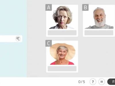 Interface do NeuronUP com as seções A, B e C, cada uma com foto; área interativa à esquerda e botões para finalizar.