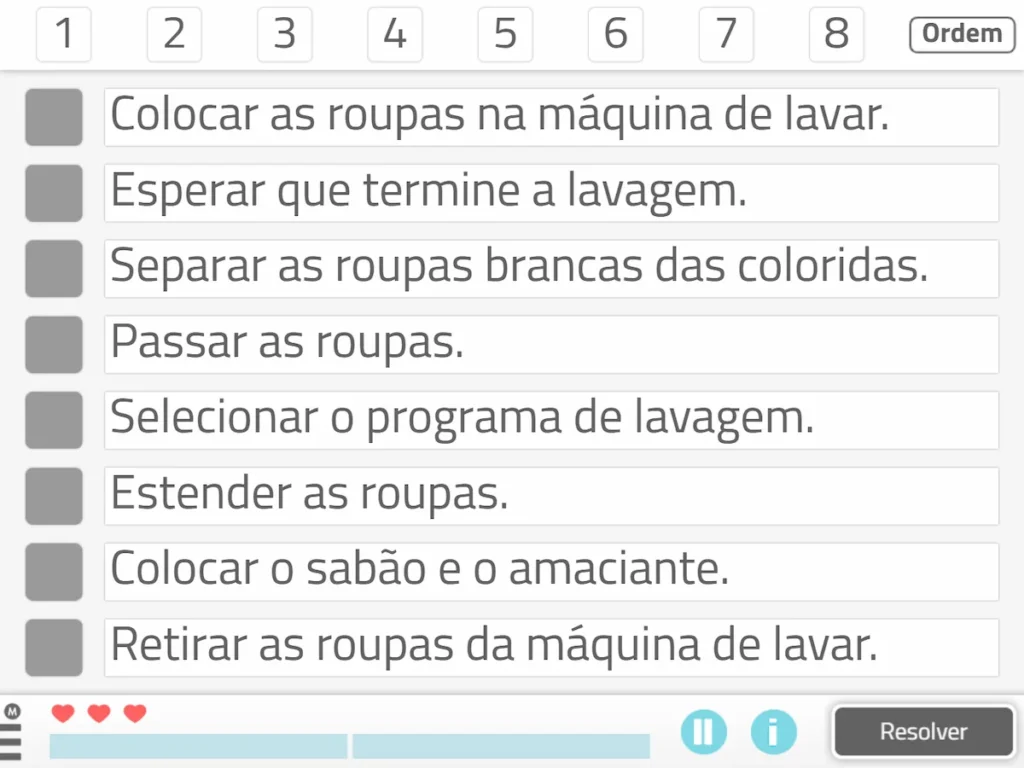 Interface do NeuronUP para ordenar passos de lavagem de roupa: cartões com ações e área de texto na tela.
