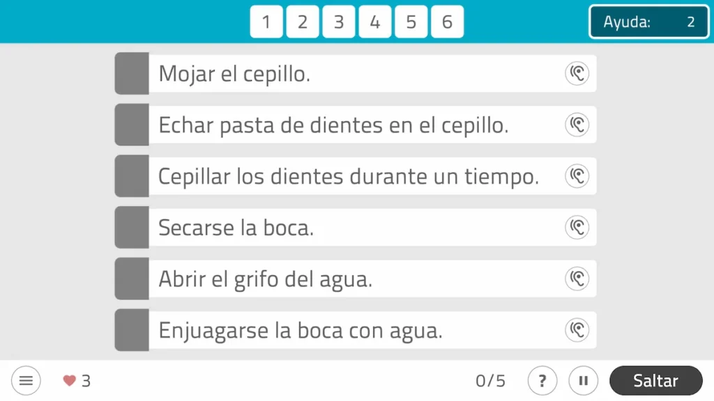 Interface do NeuronUP para ordenar passos de lavagem de roupa: cartões com ações e área de texto na tela.