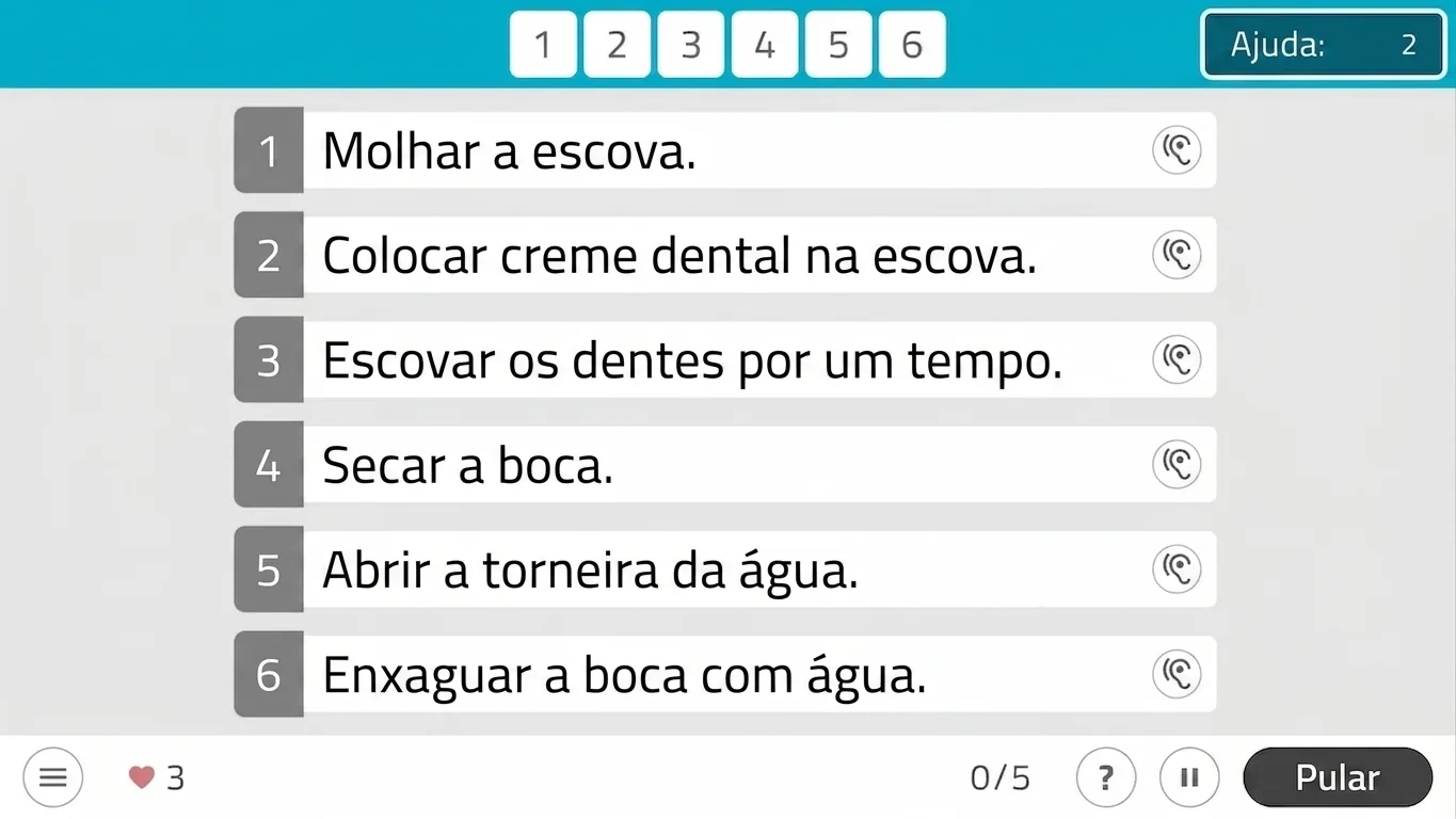 Interface do NeuronUP para ordenar passos de lavagem de roupas: cartões com ações e área de texto na tela.