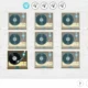 Grade de 16 células com toca-discos antigos, um em reprodução, ícones de progresso e um indicador de vidas sobre um fundo claro.