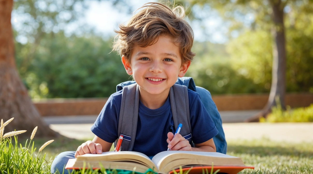 Menino pequeno sorrindo deitado na grama, lendo um livro aberto; cabelo cacheado, camiseta azul, mochila e vegetação.