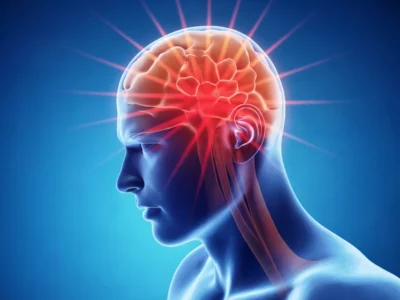 Perfil humano lateral com cérebro iluminado em vermelho e fundo azul, enfatizando TCE e avaliação neuropsicológica.