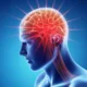 Perfil humano lateral com cérebro iluminado em vermelho e fundo azul, enfatizando TCE e avaliação neuropsicológica.