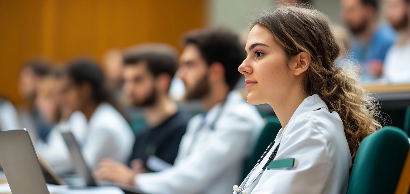 Grupo em sala de aula analisando ferramentas digitais para estimulação cognitiva com tablets; primeiro plano, uma jovem com bata.