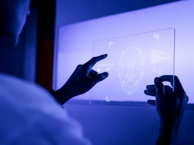 Pessoa diante de uma tela holográfica azul que mostra um rosto esquemático, simbolizando IA em neurociência e estimulação cognitiva.