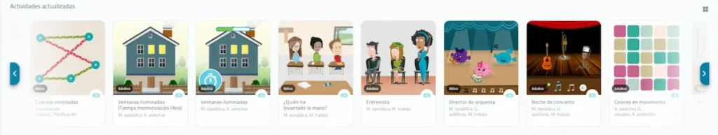 Interface do NeuronUP com cartões de Atividades atualizadas: pontos, casas, sala de aula, caricaturas e cena com microfone.