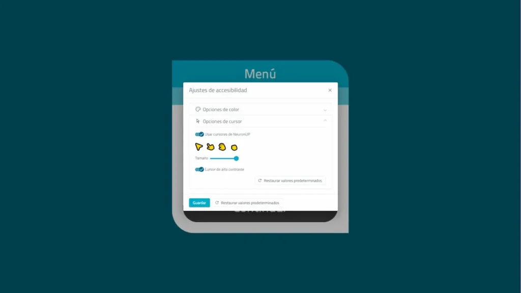 Interface de configuração de acessibilidade no NeuronUP: ajuste do cursor com controle deslizante e opções de personalização.