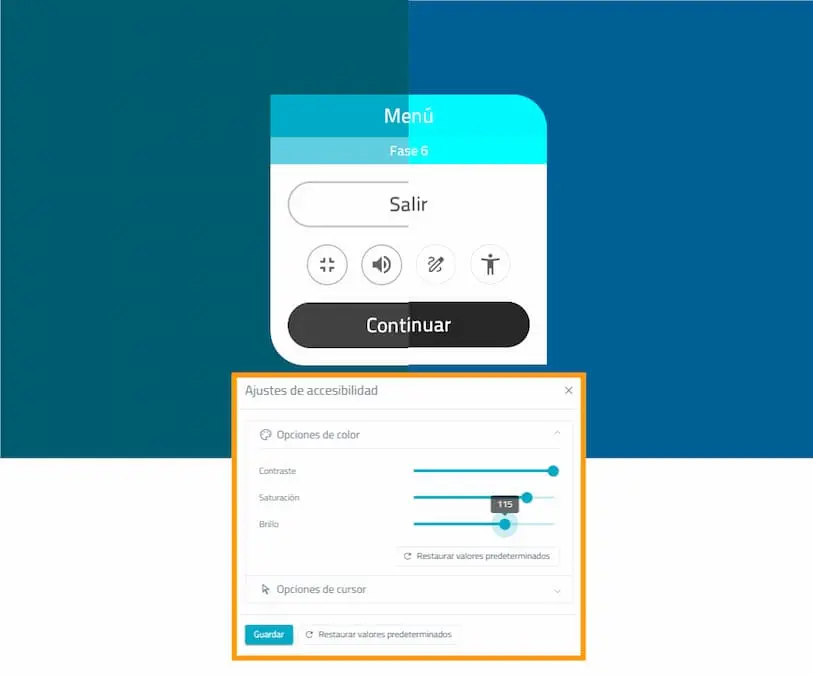 Interface do NeuronUP com ajustes de cor: cor, contraste, saturação e brilho, com cursor e botões Salvar e Restaurar.
