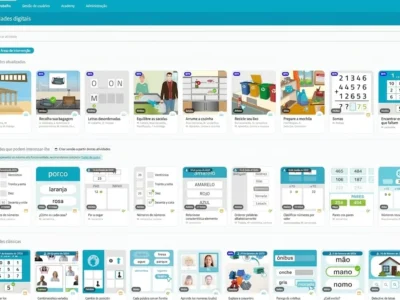 Capa do NeuronUP: interface educacional com menu superior e blocos de atividades interativas para palavras, números e vocabulário.