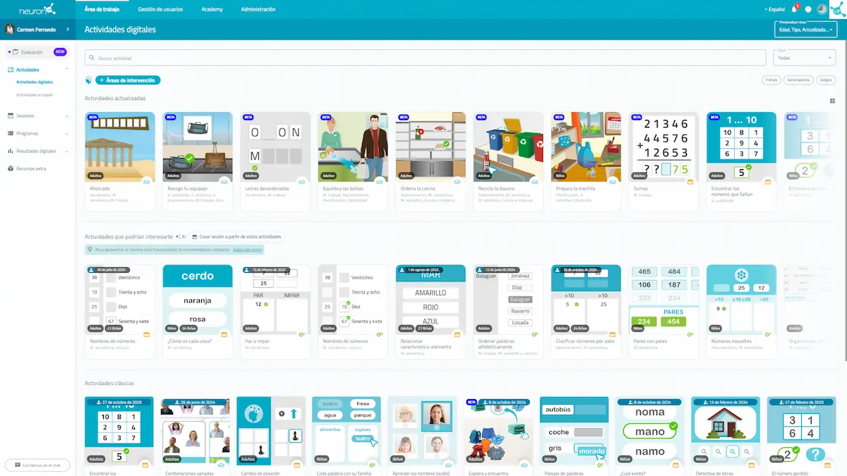 Capa do NeuronUP: interface educacional com menu superior e tiles de atividades interativas para palavras, números e vocabulário.