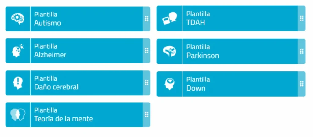 Modelos de sessões na NeuronUP por condições: Autismo, TDAH, Alzheimer, Parkinson e Síndrome de Down, com ícones.