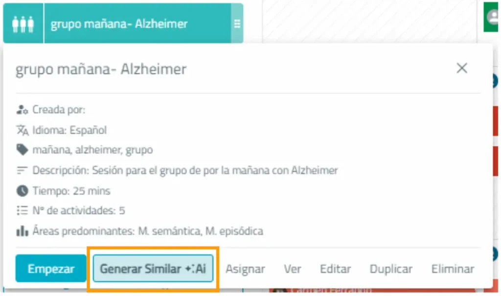 Interface do NeuronUP para gerenciar grupos de avaliação, com o grupo manhã - Alzheimer e o botão Gerar Similar.