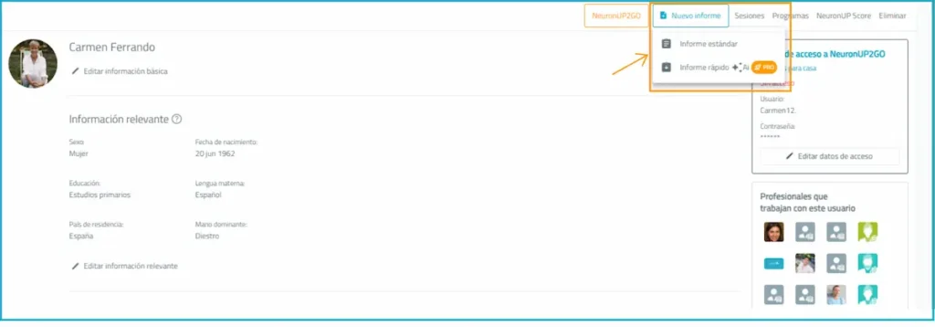 Interface da NeuronUP mostrando relatórios de avaliação: edição de dados de Carmen Fernando e painéis de informações relevantes.