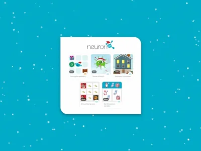 Tela principal natalina com quadro de ícones e cartões de estimulação cognitiva no NeuronUP, interface azul.
