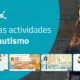 Design da NeuronUP: mulher sorrindo ao lado de telas com atividades de estimulação cognitiva para crianças com autismo.